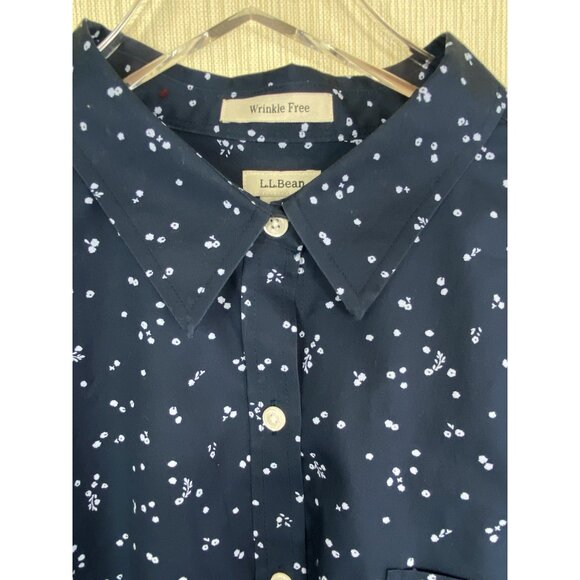 L.L. Bean Womens L Navy Blue Print Long Sleeve Button Up Blouse Wrinkle Free - Picture 3 of 6